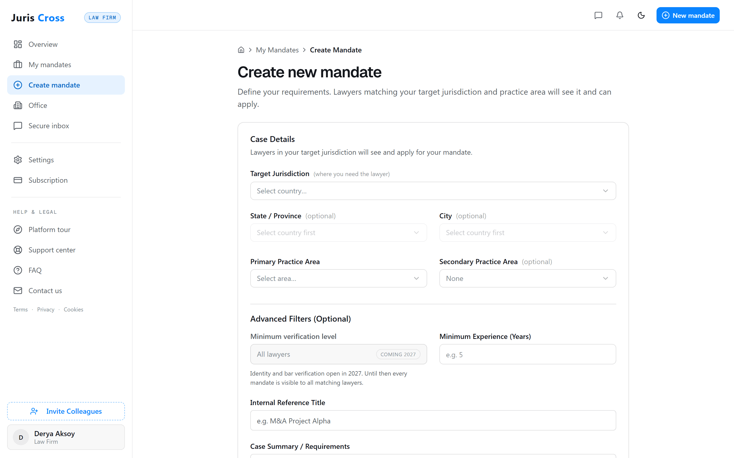 The mandate wizard: target jurisdiction, optional state and city, primary and secondary practice area, a minimum experience filter, and a verification filter marked Coming 2027.